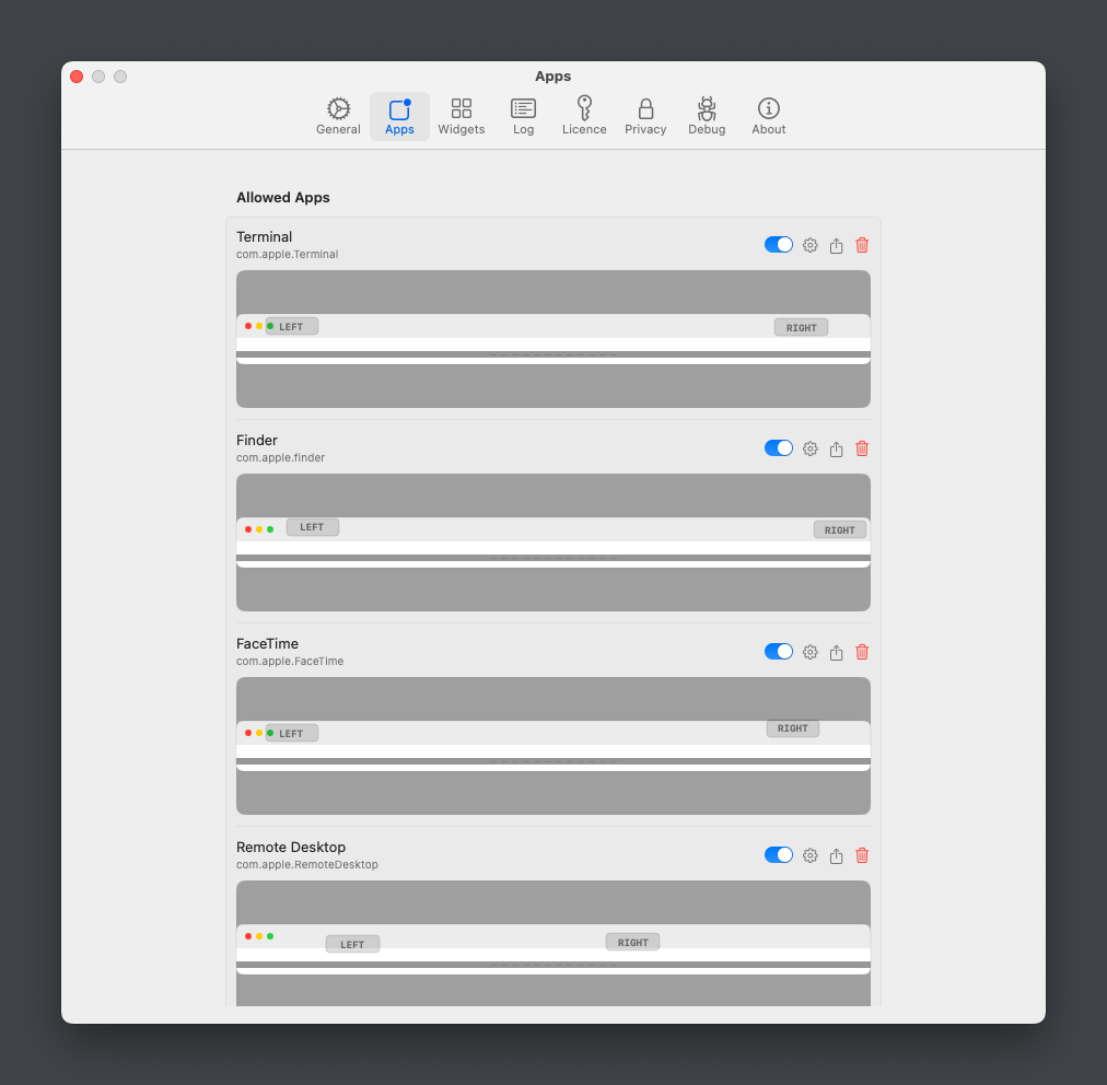 Apps tab showing per-app profiles with miniature row previews of each app's bar configuration.