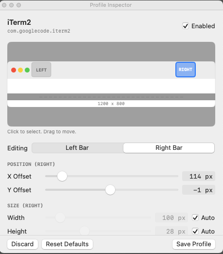 Profile Inspector floating panel with draggable bar mockup, position fields, and live overlay preview on the target app.