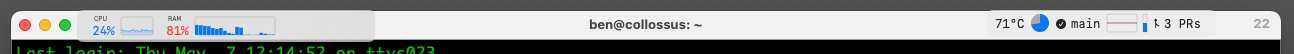 iTerm2 window with AppBar's compact stats indicators in the title bar, showing CPU usage, network throughput, and event glyphs.