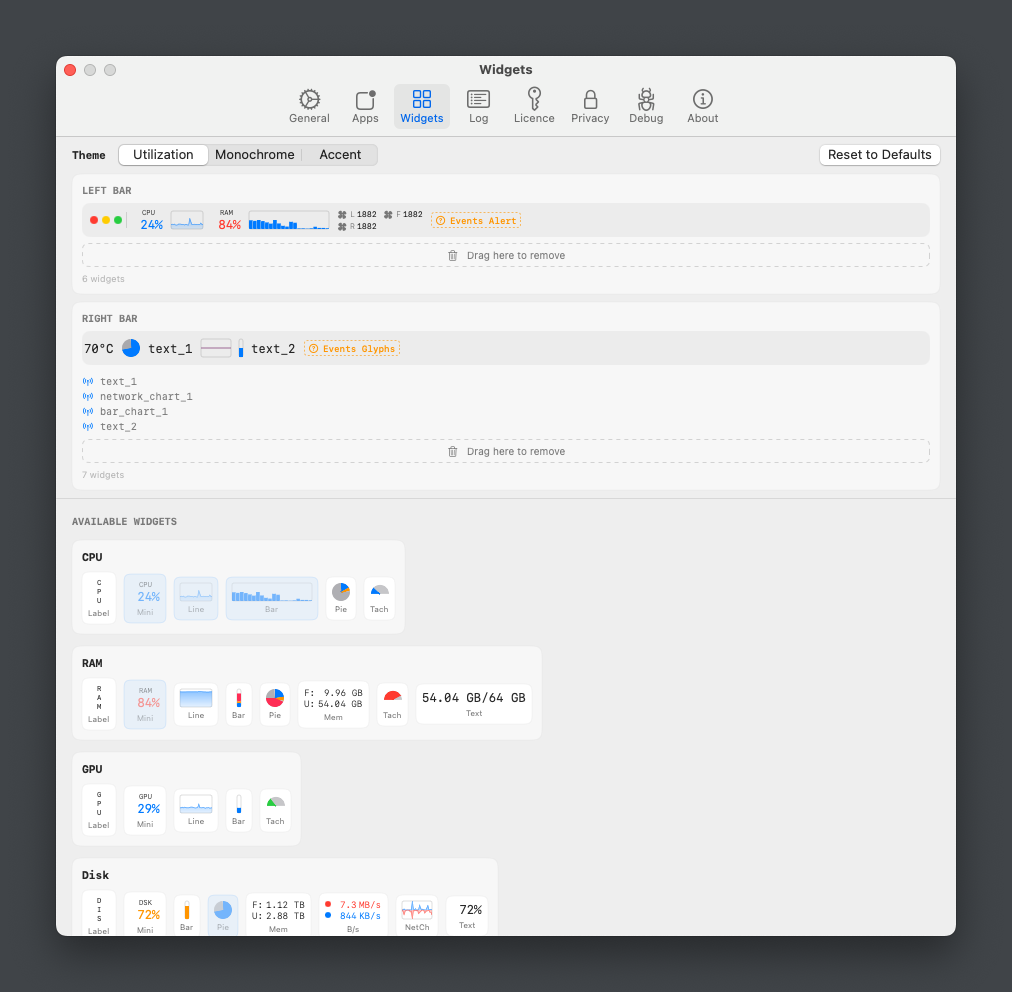 Settings → Widgets tab showing the bar layout, drag-and-drop palette, and a row of CPU, network, and event widgets.